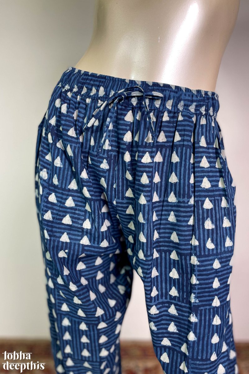 Triangles on Indigo Cotton Straight Pants - Lobha Deepthis