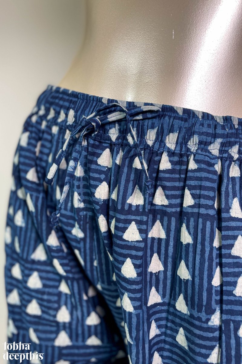 Triangles on Indigo Cotton Straight Pants - Lobha Deepthis