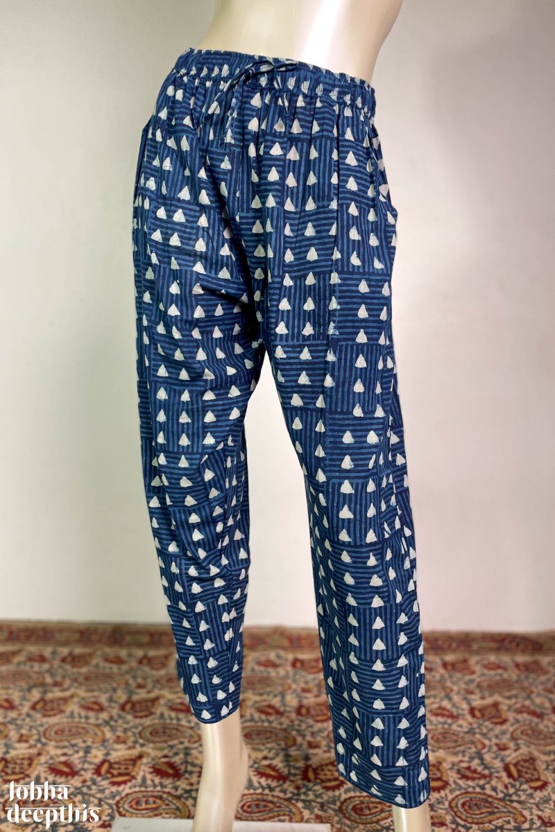 Triangles on Indigo Cotton Straight Pants - Lobha Deepthis