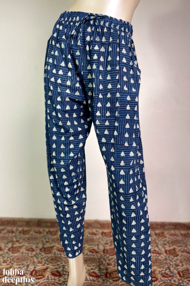 Triangles on Indigo Cotton Straight Pants - Lobha Deepthis