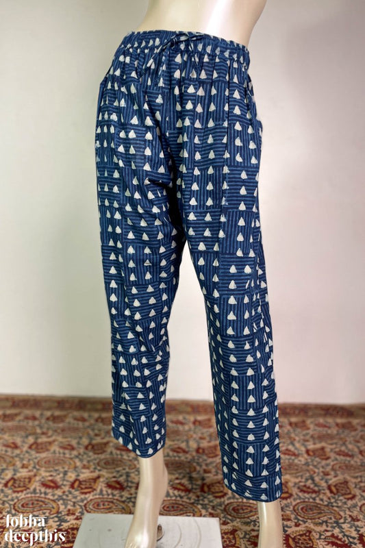 Triangles on Indigo Cotton Straight Pants - Lobha Deepthis