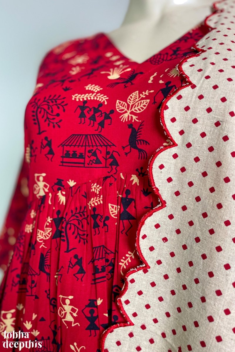 Warli Prints on Red Cotton Alia Cut Kurta - Lobha Deepthis