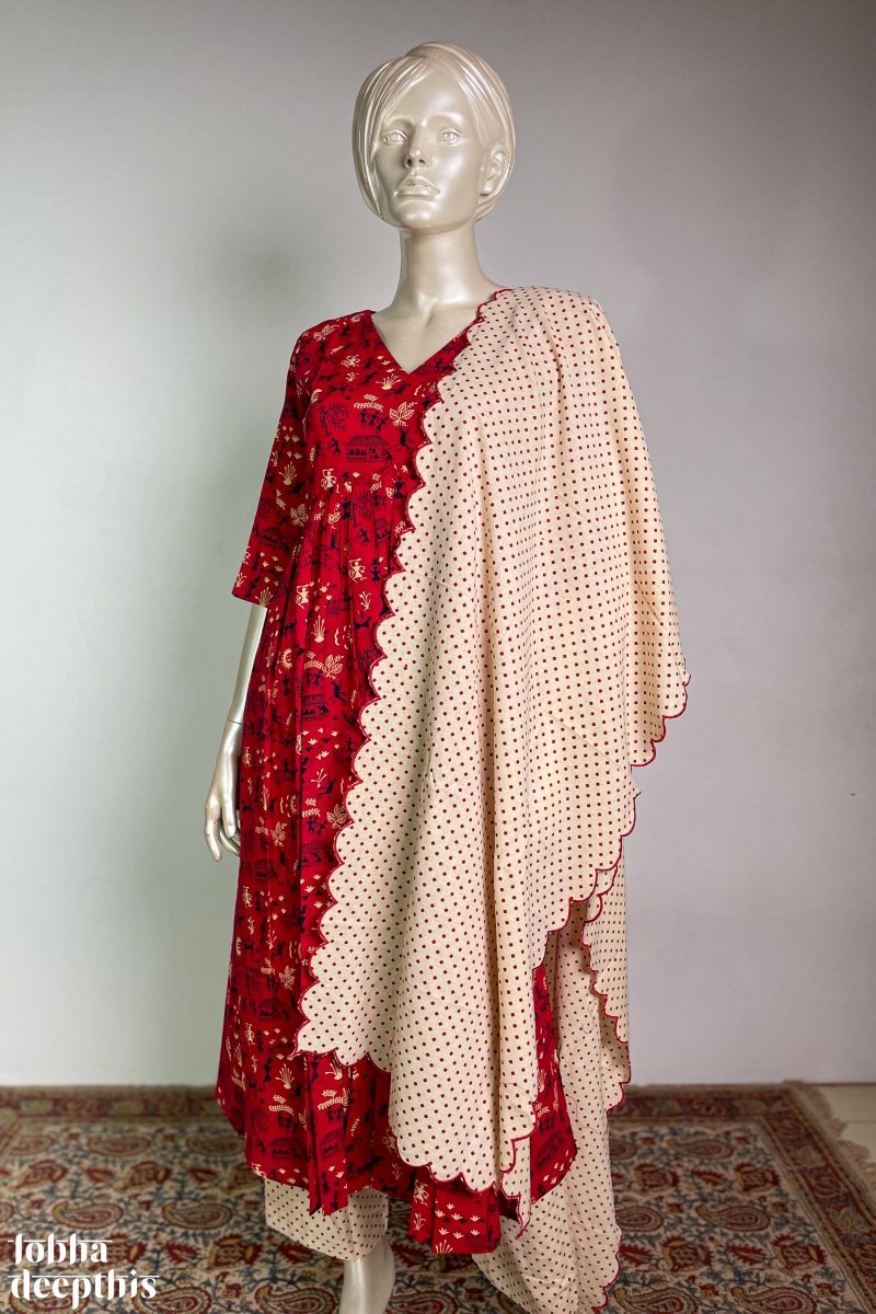 Warli Prints on Red Cotton Alia Cut Kurta - Lobha Deepthis