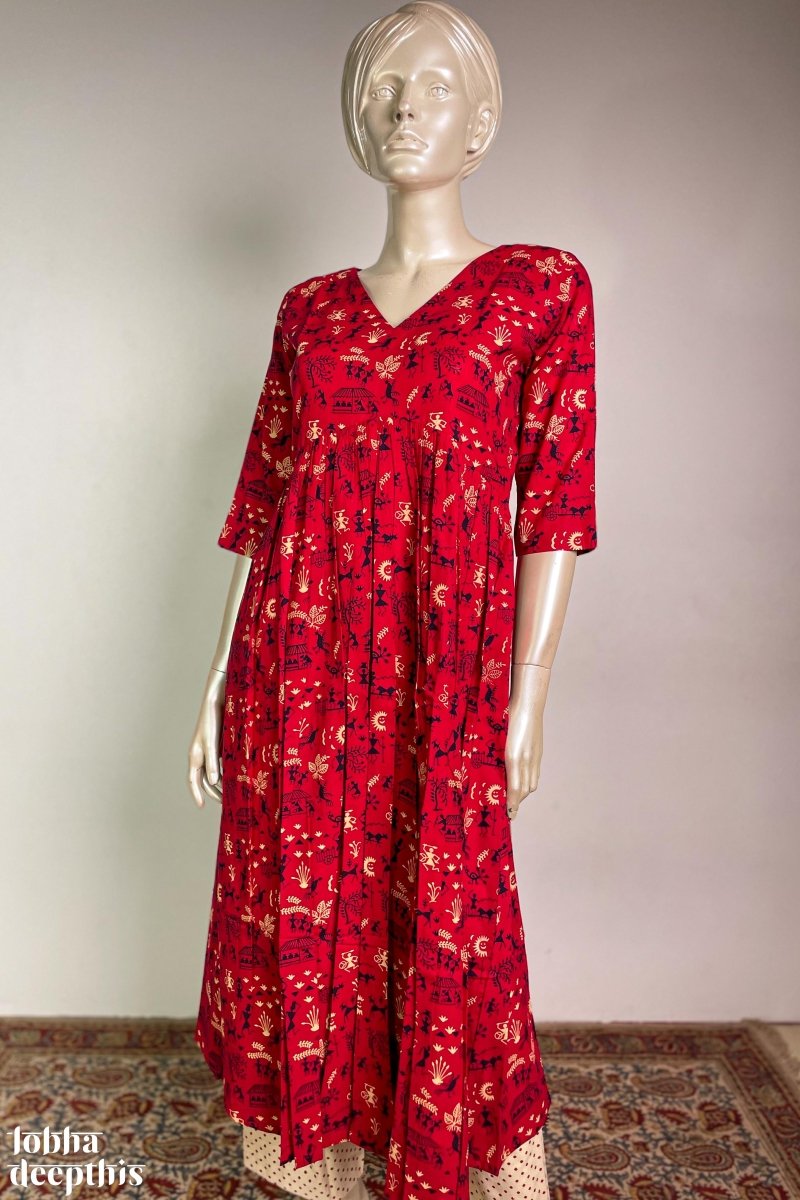 Warli Prints on Red Cotton Alia Cut Kurta- LobhaDeepthis – Lobha Deepthis