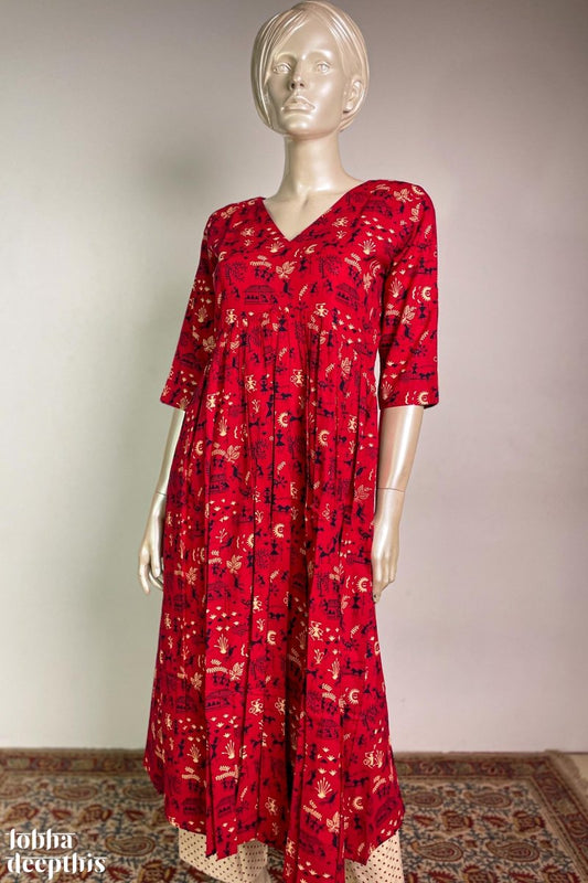 Warli Prints on Red Cotton Alia Cut Kurta - Lobha Deepthis