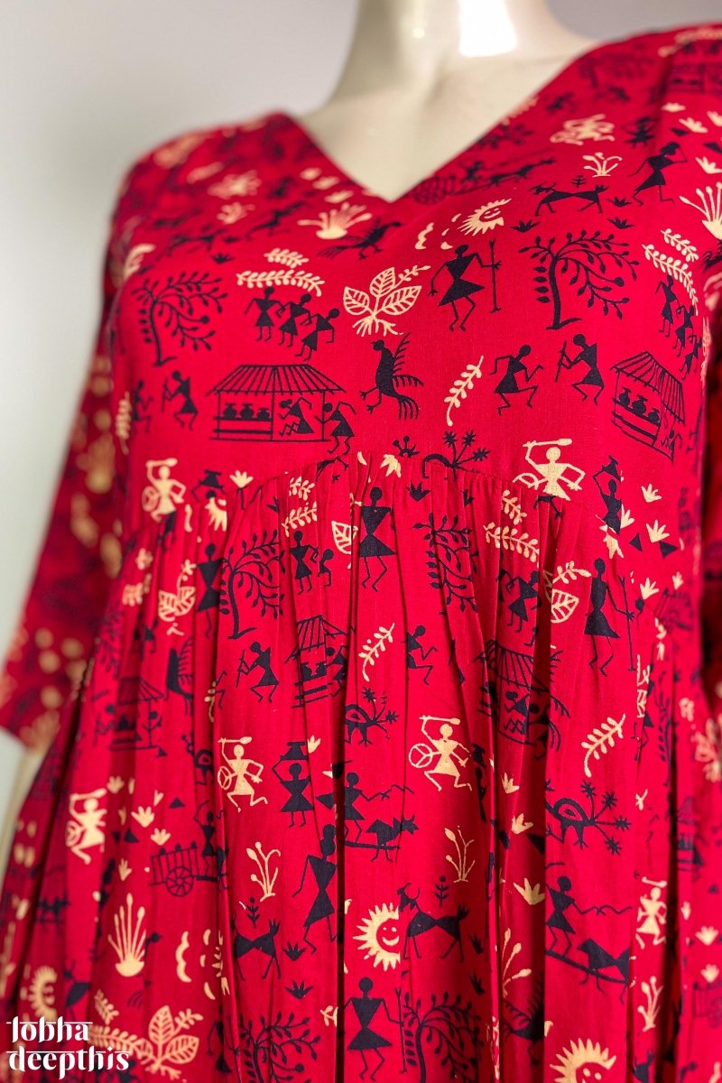 Warli Prints on Red Cotton Alia Cut Kurta - Lobha Deepthis