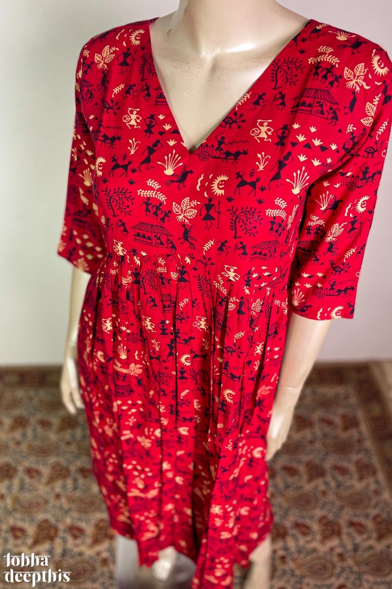 Warli Prints on Red Cotton Alia Cut Kurta - Lobha Deepthis