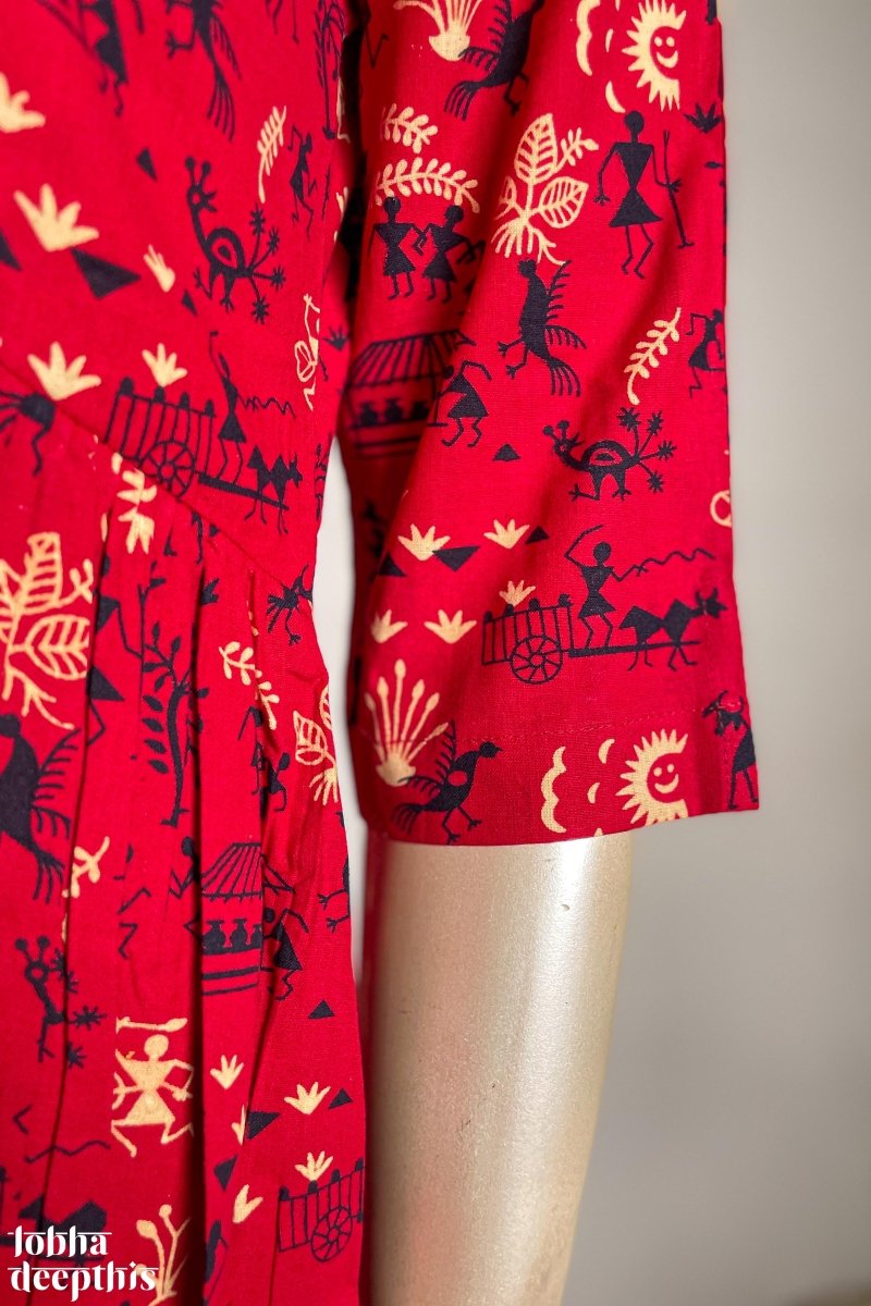 Warli Prints on Red Cotton Alia Cut Kurta - Lobha Deepthis