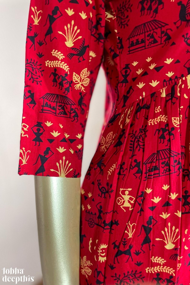 Warli Prints on Red Cotton Alia Cut Kurta - Lobha Deepthis