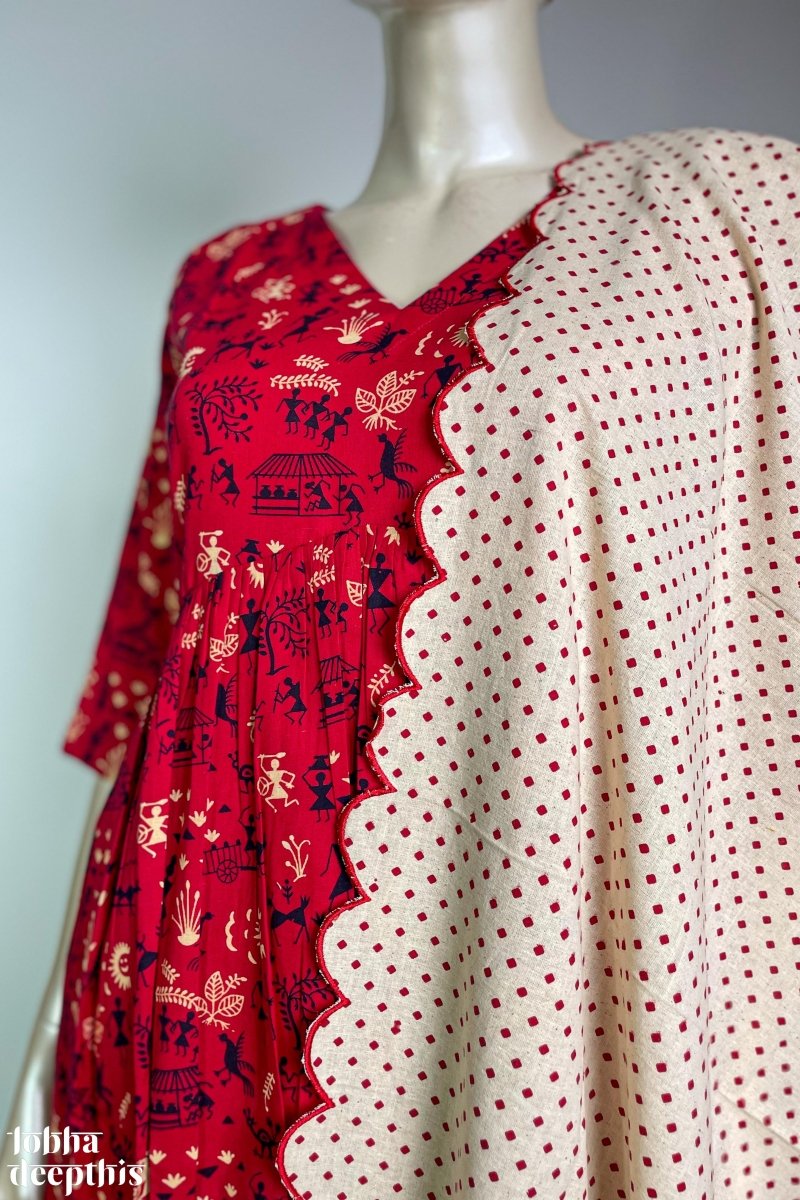 Warli Prints on Red Cotton Alia Cut Kurta - Lobha Deepthis