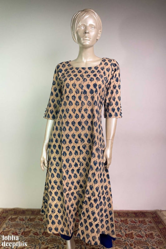 Whispers of Leaves: Blue Kalamkari Handblock Printed Aline Kurta - Lobha Deepthis