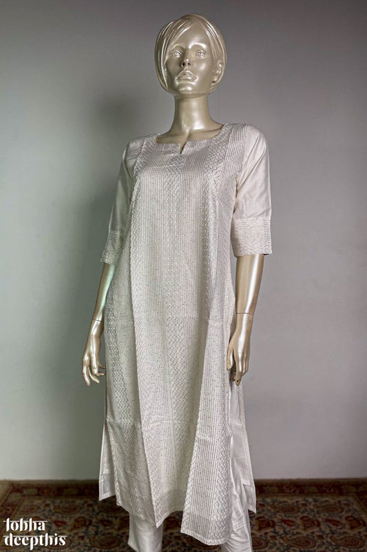 White Chanderi Straight Kurta - Lobha Deepthis