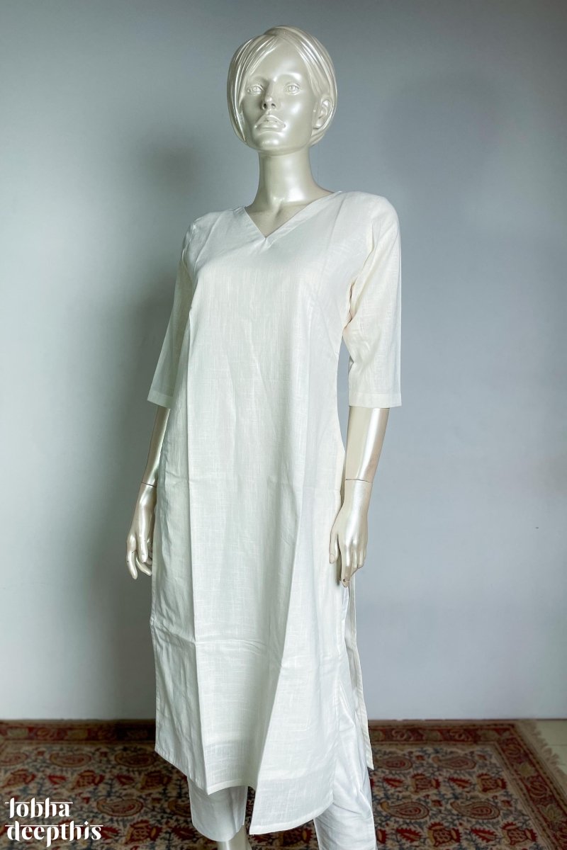 White Pure Cotton Solid Kurta - Lobha Deepthis