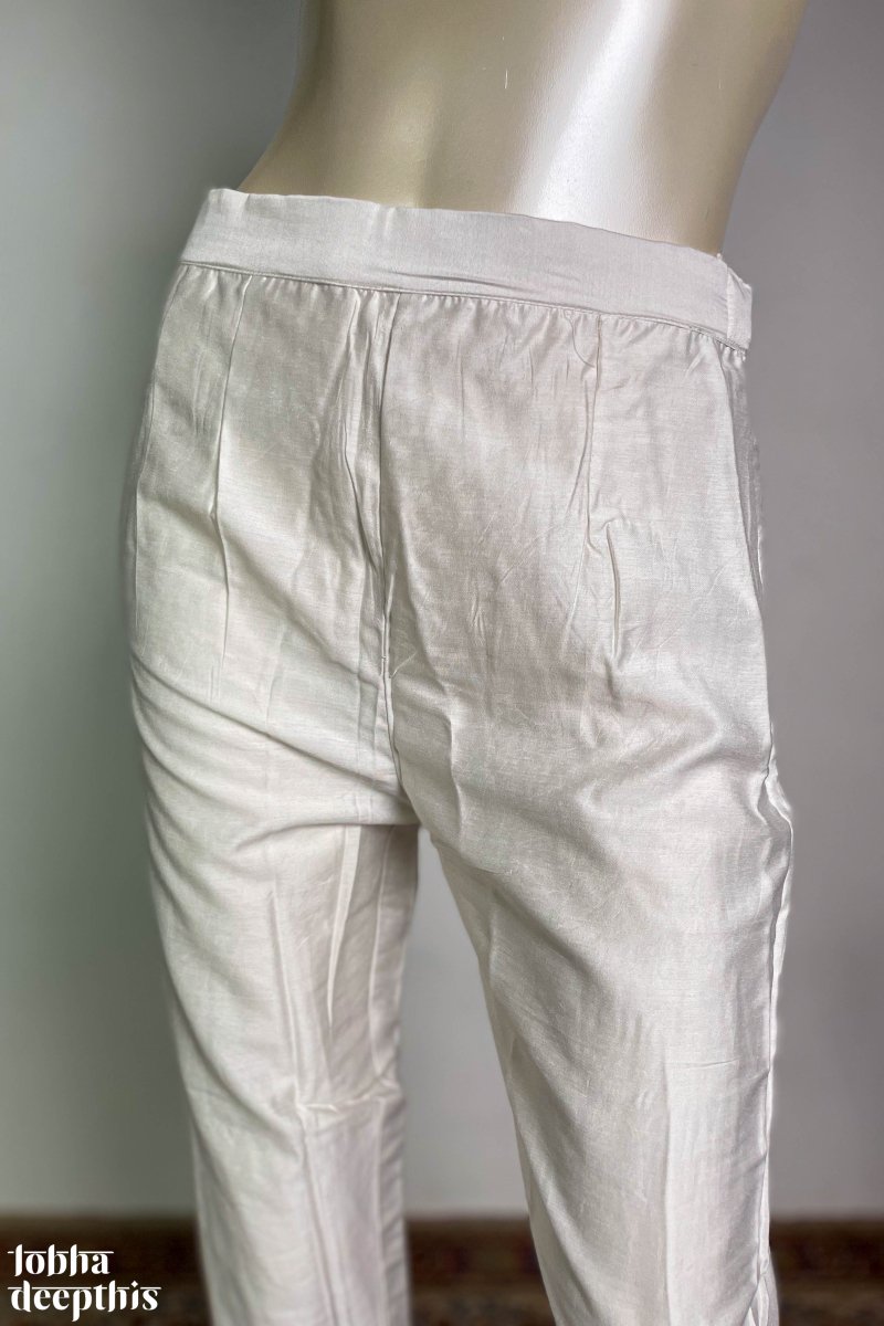 White Semi Chanderi Pencil Pants- Lobha Deepthis