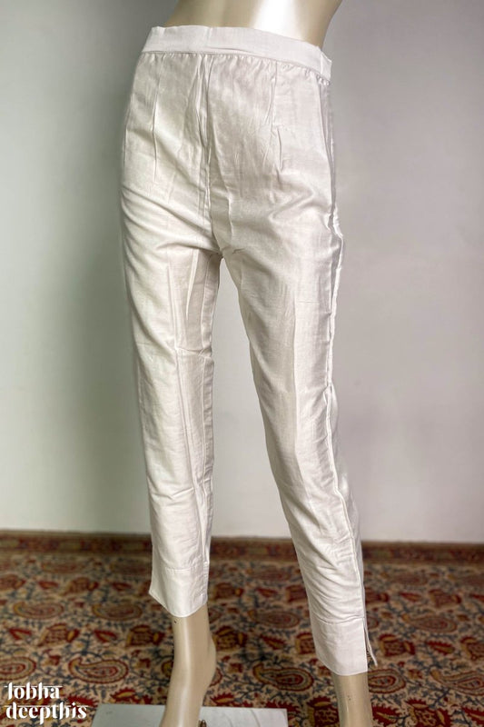 White Semi Chanderi Pencil Pants - Lobha Deepthis