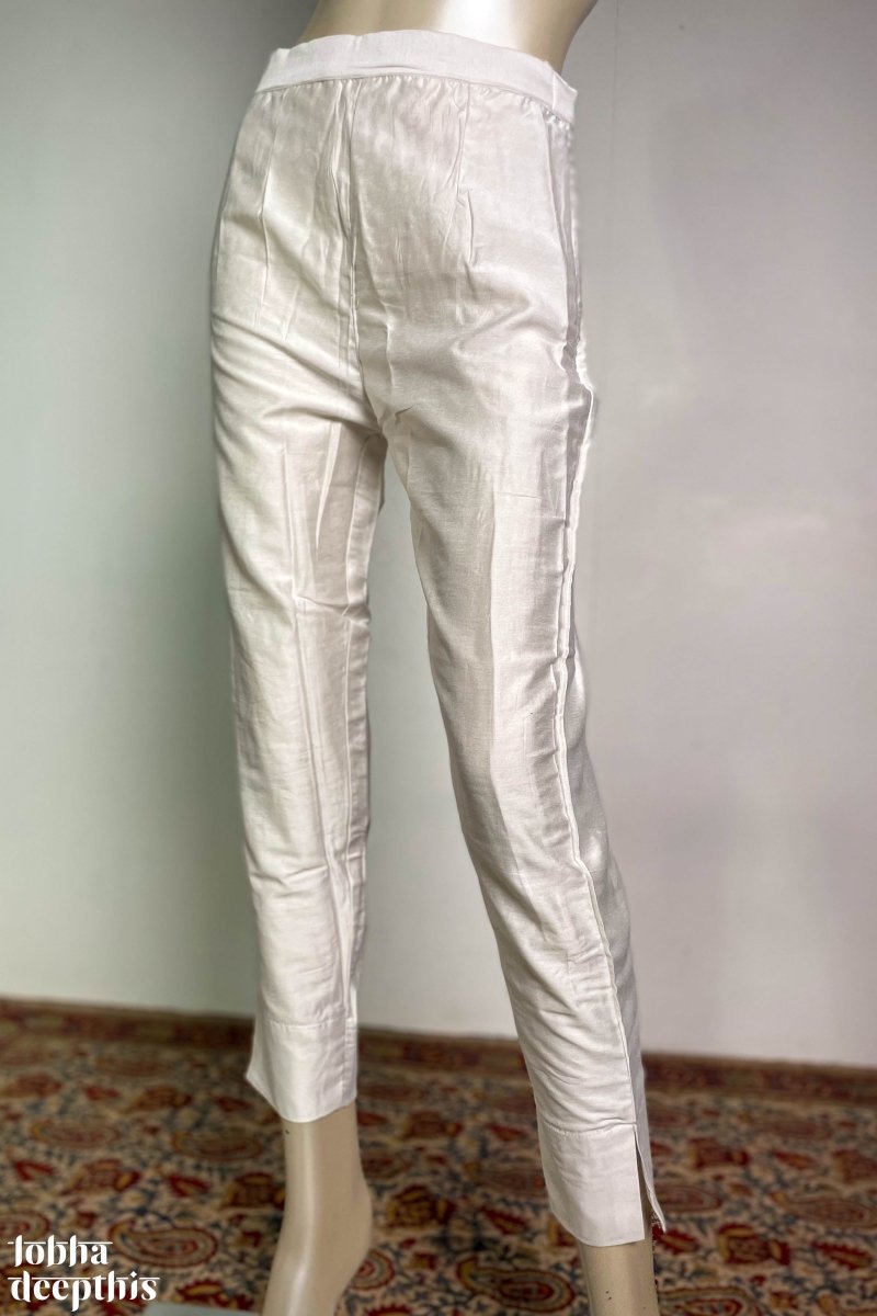 White Semi Chanderi Pencil Pants - Lobha Deepthis