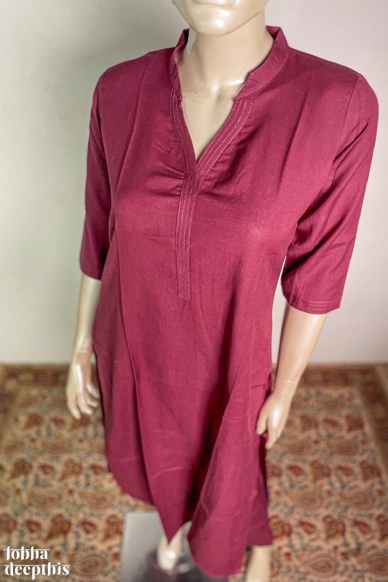 Wine Cotton Flex Collar Kurta - Lobha Deepthis
