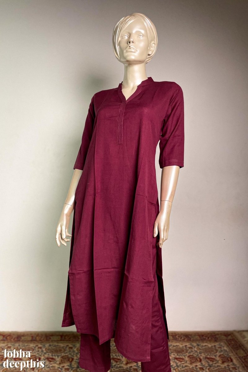 Wine Cotton Flex Collar Kurta - Lobha Deepthis
