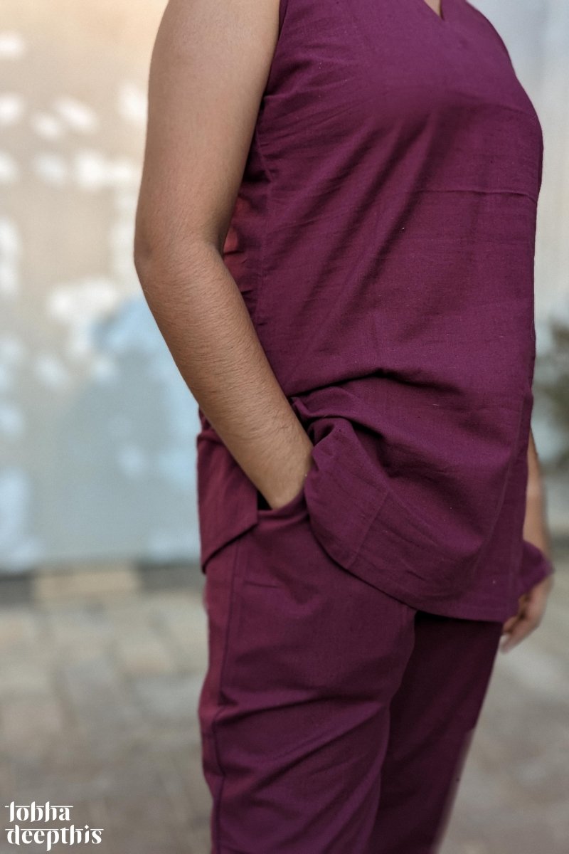 Wine Cotton Flex Sleeveless Short Top - Lobha Deepthis