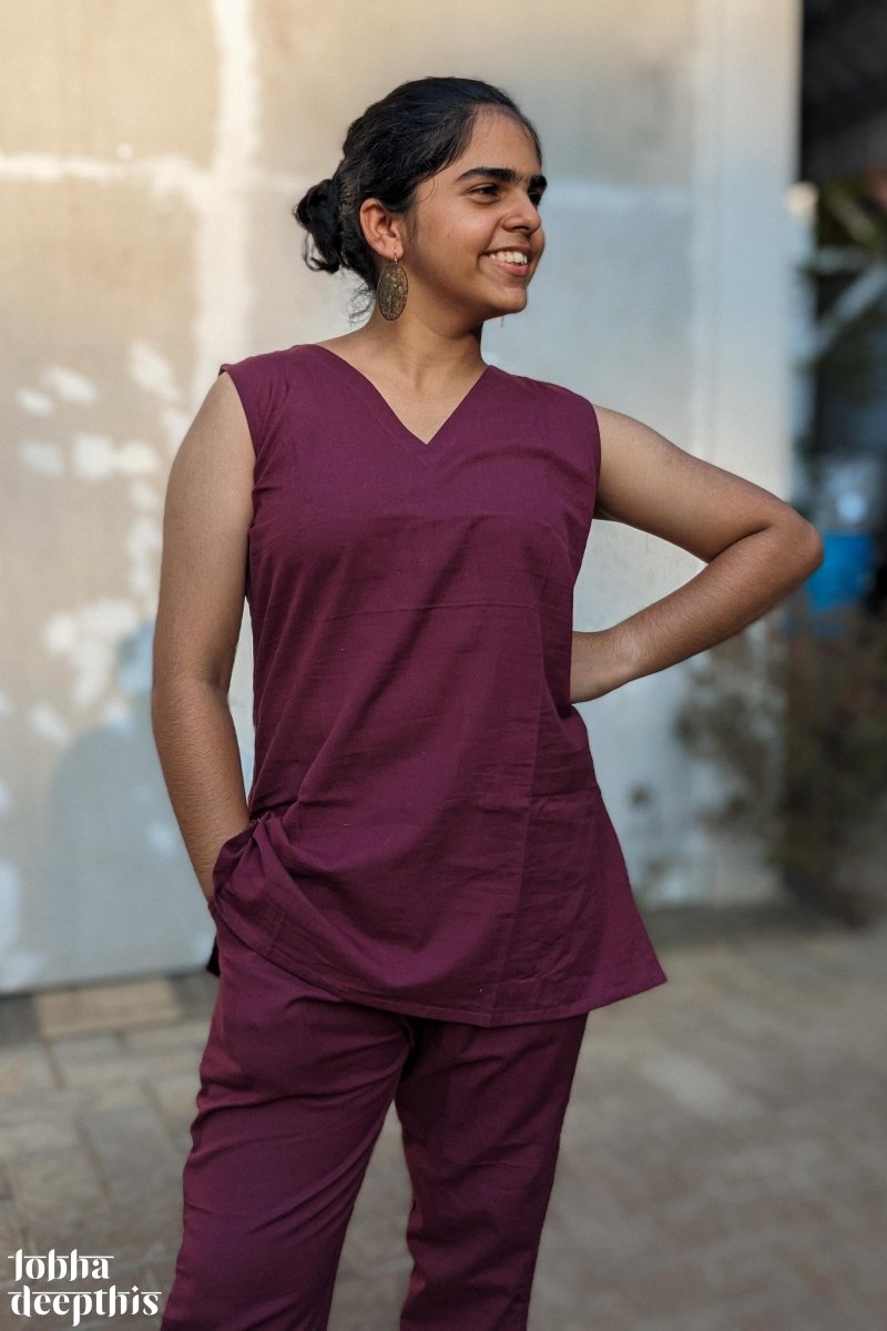 Wine Cotton Flex Sleeveless Short Top - Lobha Deepthis