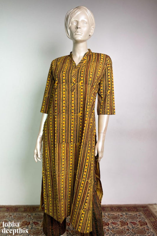 Yellow Ajrakh Stripes Half Collar Kurta - Lobha Deepthis