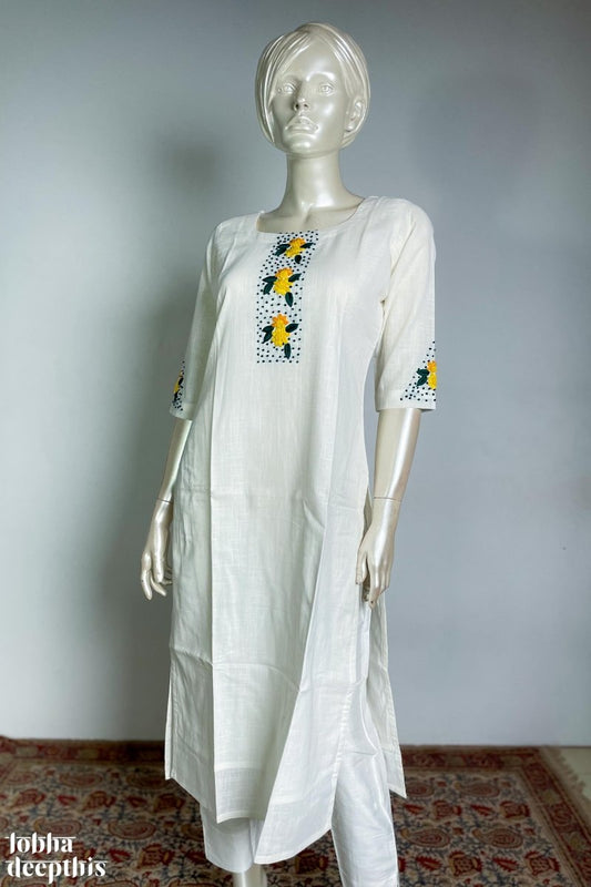 Yellow Flowers on White Cotton Kurta - Lobha Deepthis