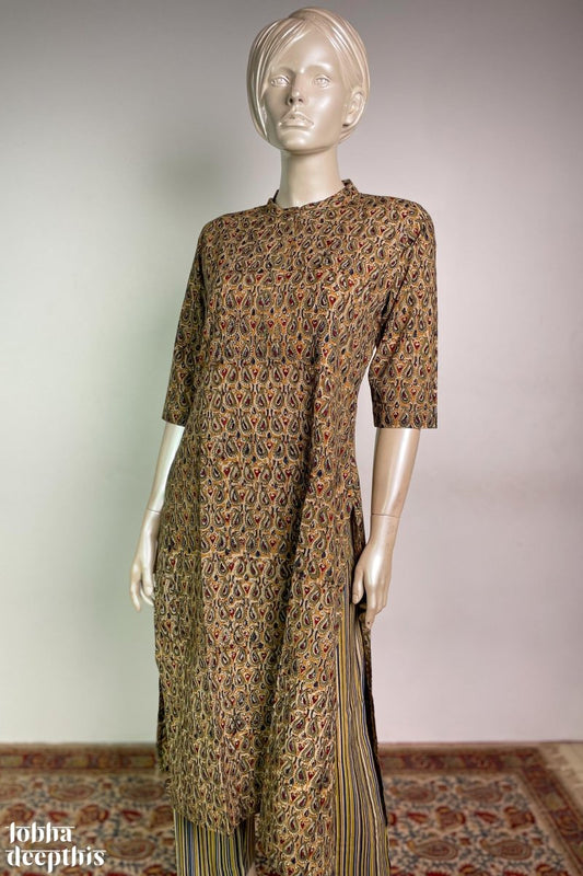 Yellow Paisleys Kalamkari Collar Kurta - Lobha Deepthis