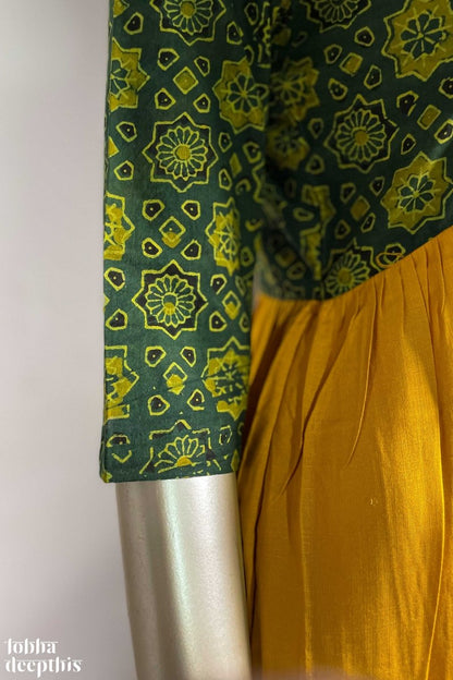 Yellow Rayon with Ajrakh Alia Cut Dress - Lobha Deepthis