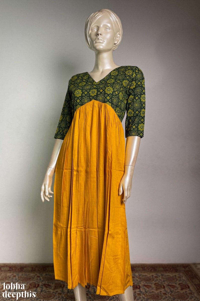 Yellow Rayon with Ajrakh Alia Cut Dress - Lobha Deepthis