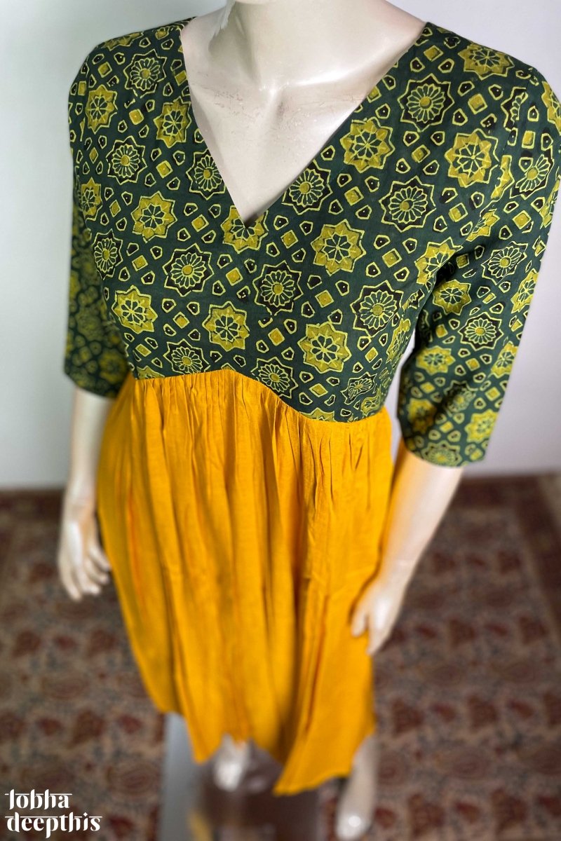 Yellow Rayon with Ajrakh Alia Cut Dress - Lobha Deepthis