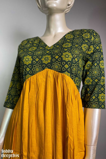 Yellow Rayon with Ajrakh Alia Cut Dress - Lobha Deepthis