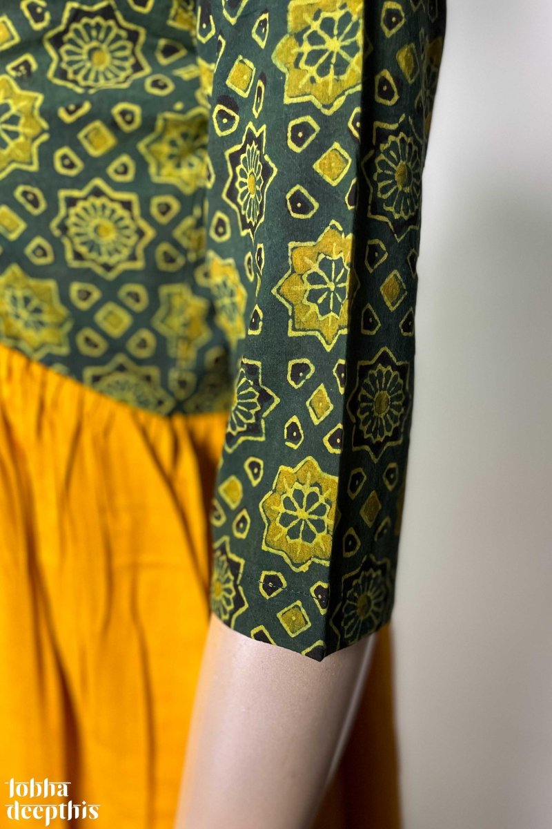 Yellow Rayon with Ajrakh Alia Cut Dress - Lobha Deepthis