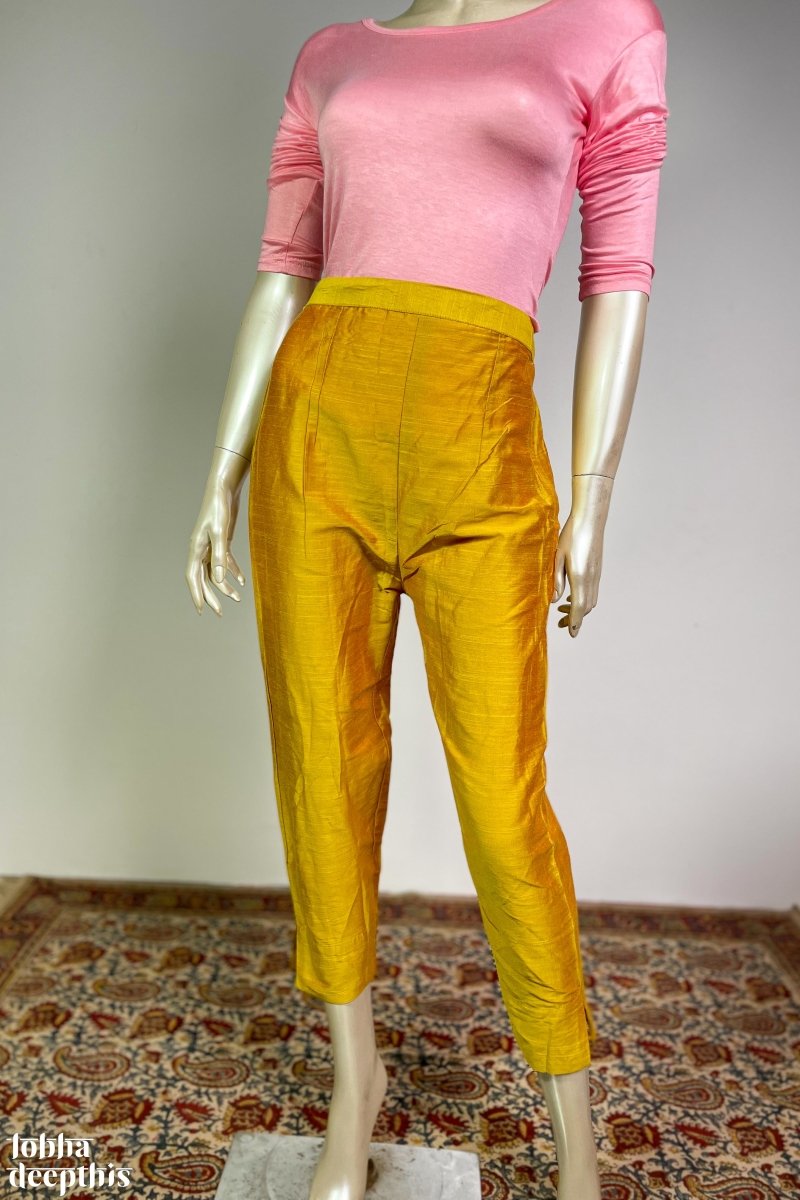 Yellow Slub Silk Pencil Pants - LOBHA DEEPTHIS