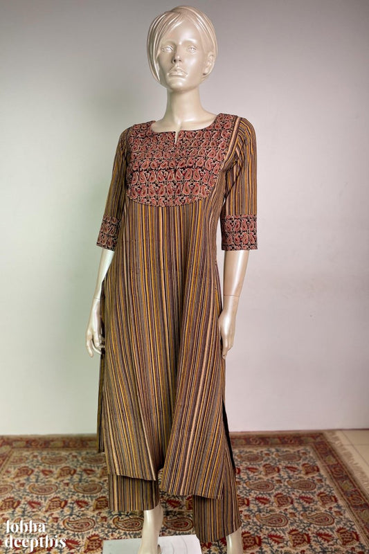 YellowBlack Stripes Kalamkari Patchwork Kurta - Lobha Deepthis