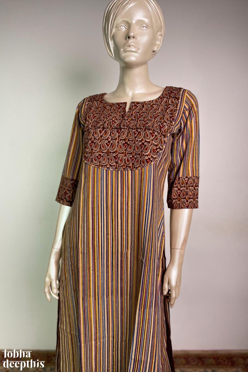 Embroidered yoke stripes cotton kurti. It's beautiful . | Kurta designs  women, Designer party wear dresses, Cotton kurti designs