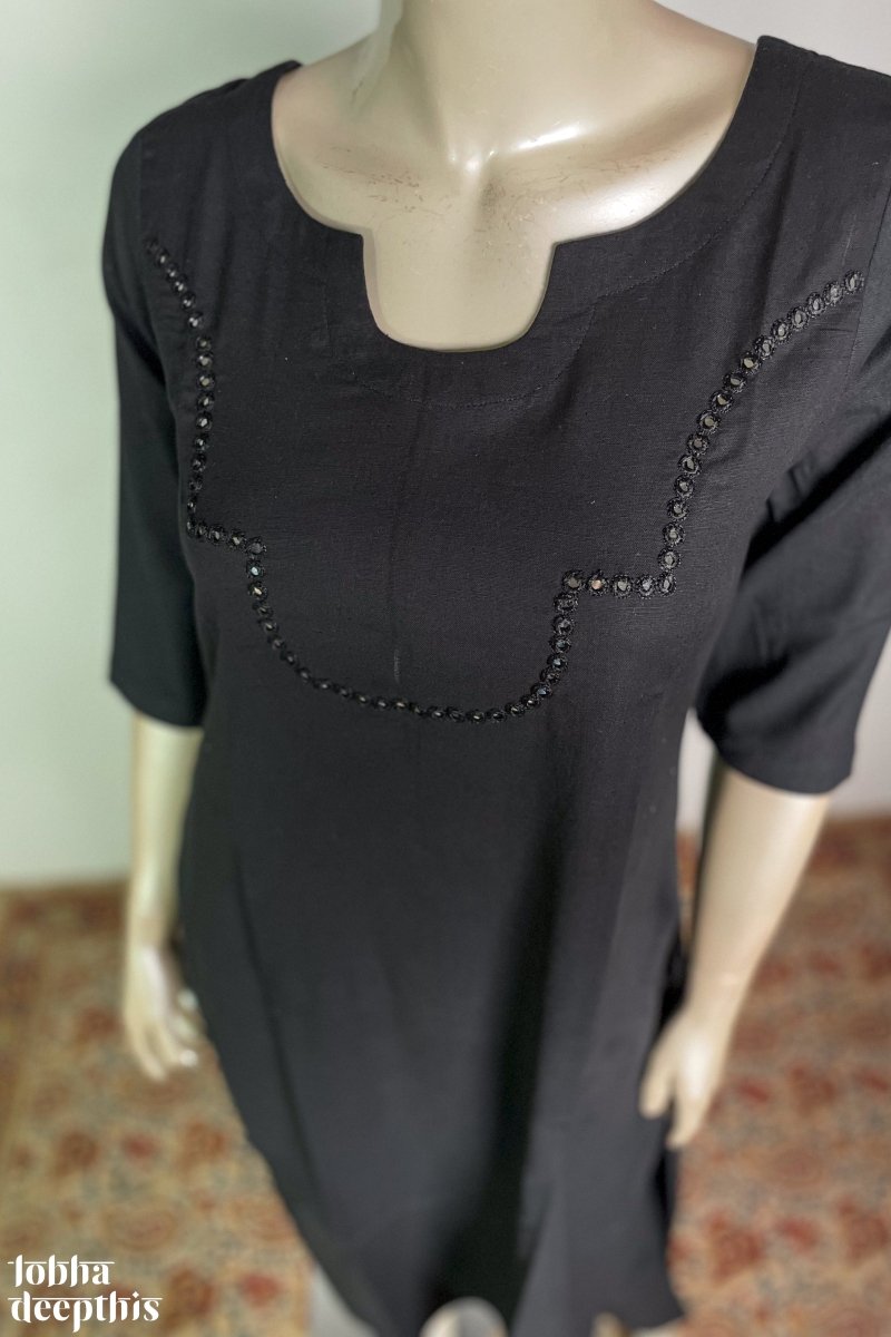 Yoke Mirrorwork Black Cotton Kurta - Lobha Deepthis