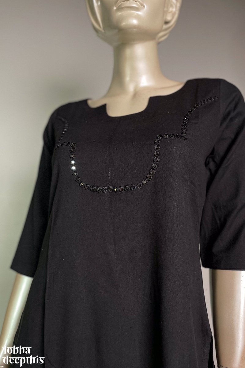 Yoke Mirrorwork Black Cotton Kurta - Lobha Deepthis