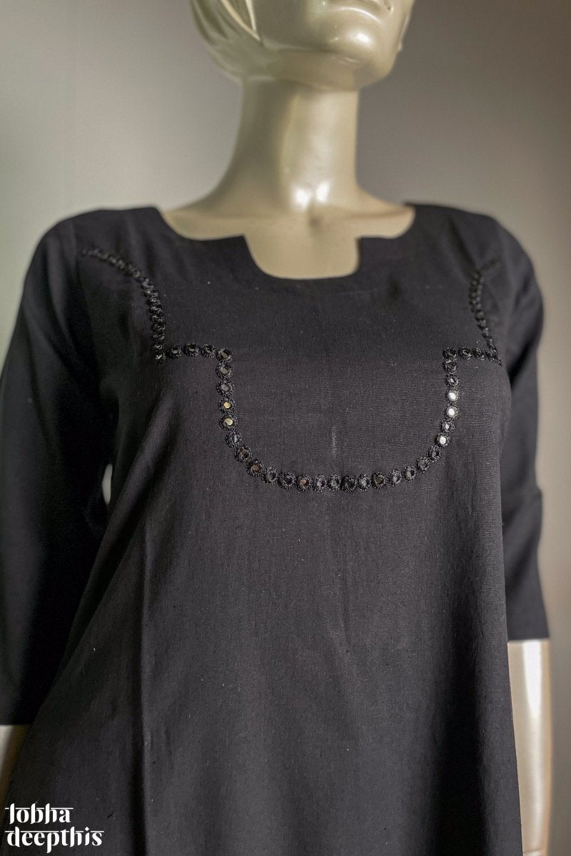 Yoke Mirrorwork Black Cotton Kurta - Lobha Deepthis