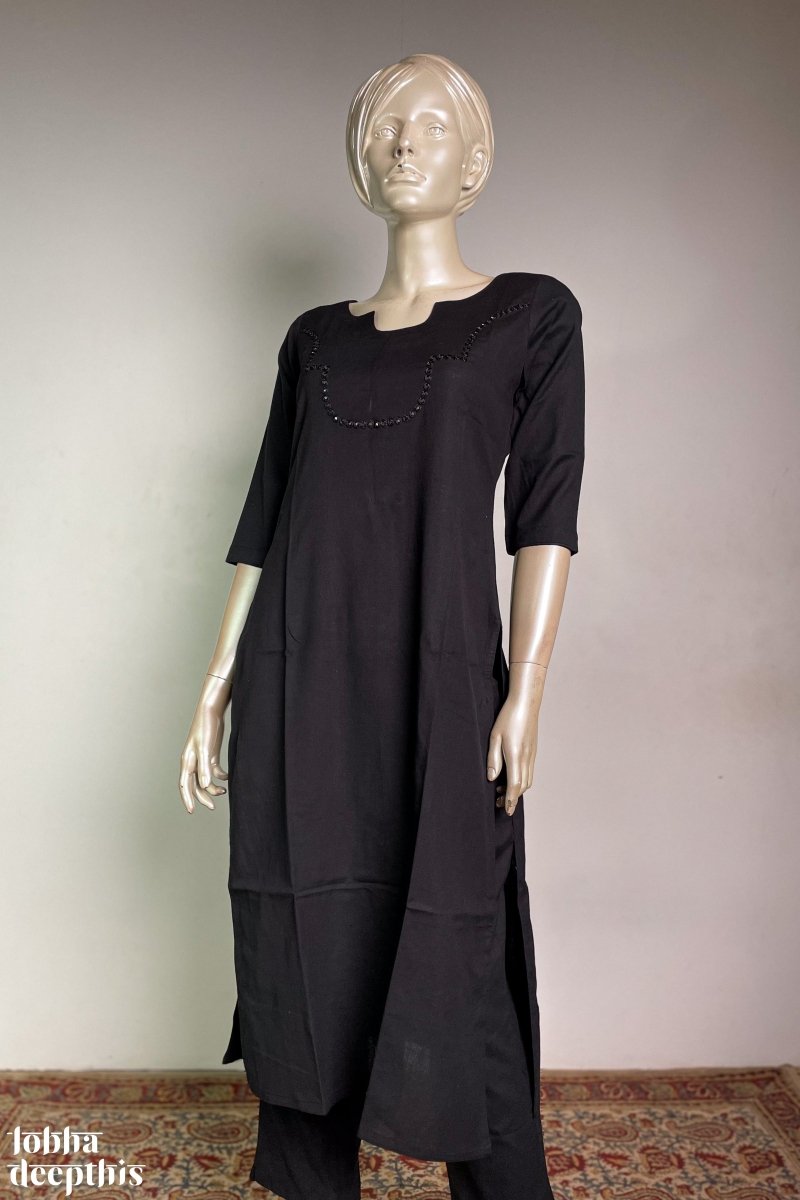 Yoke Mirrorwork Black Cotton Kurta - Lobha Deepthis