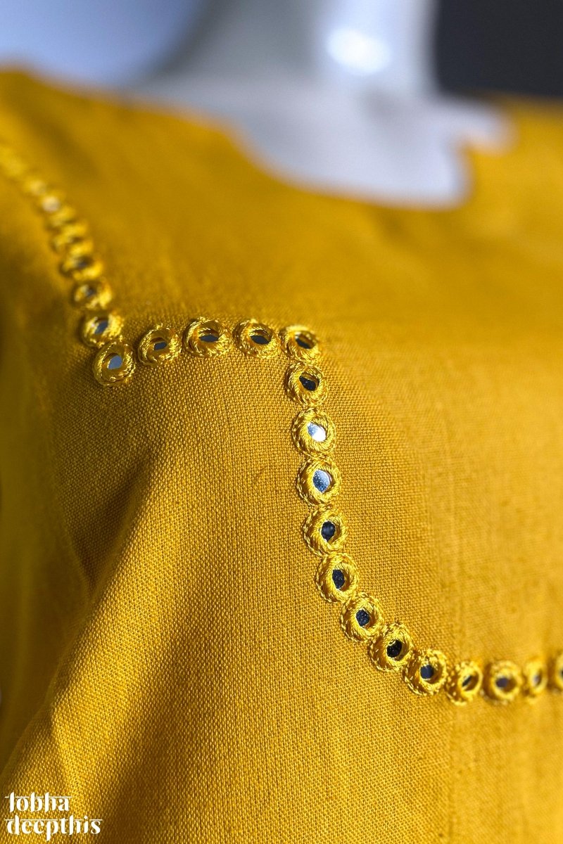 Yoke Mirrorwork Mustard Yellow Cotton Kurta - Lobha Deepthis