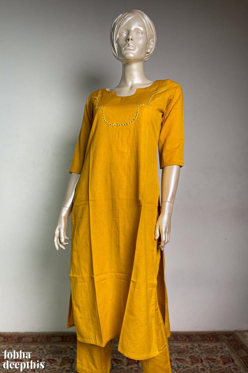 Yoke Mirrorwork Mustard Yellow Cotton Kurta - Lobha Deepthis