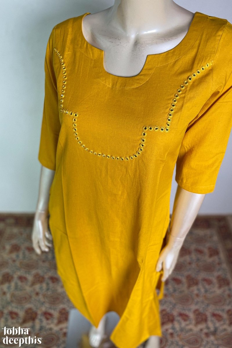 Yoke Mirrorwork Mustard Yellow Cotton Kurta - Lobha Deepthis