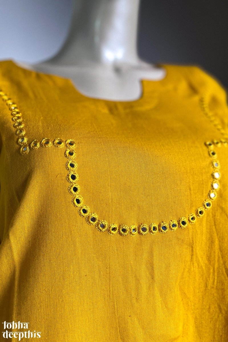 Yoke Mirrorwork Mustard Yellow Cotton Kurta - Lobha Deepthis