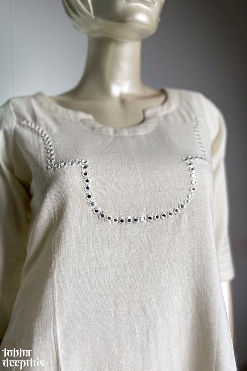 Yoke Mirrorwork Off White Cotton Kurta - Lobha Deepthis