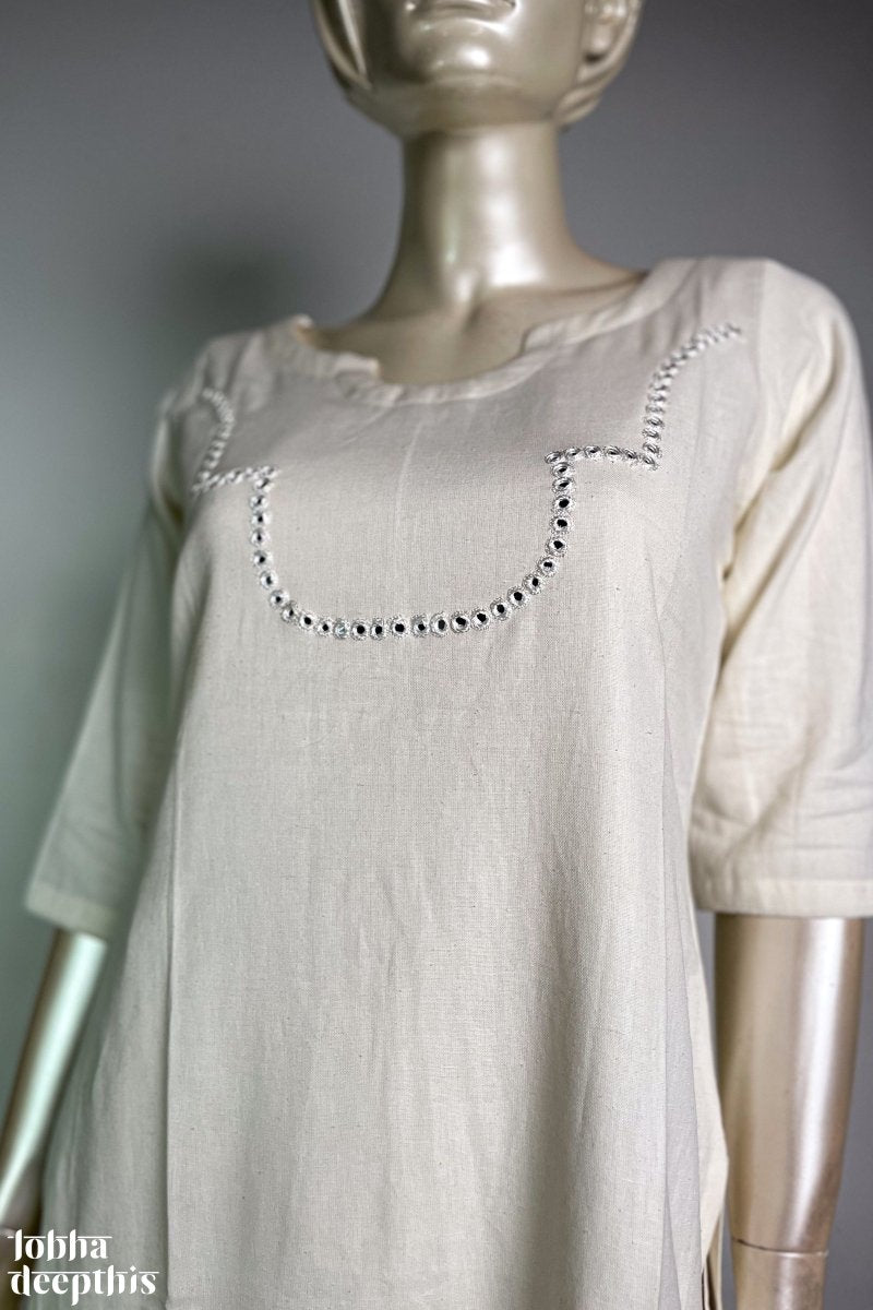 Yoke Mirrorwork Off White Cotton Kurta - Lobha Deepthis