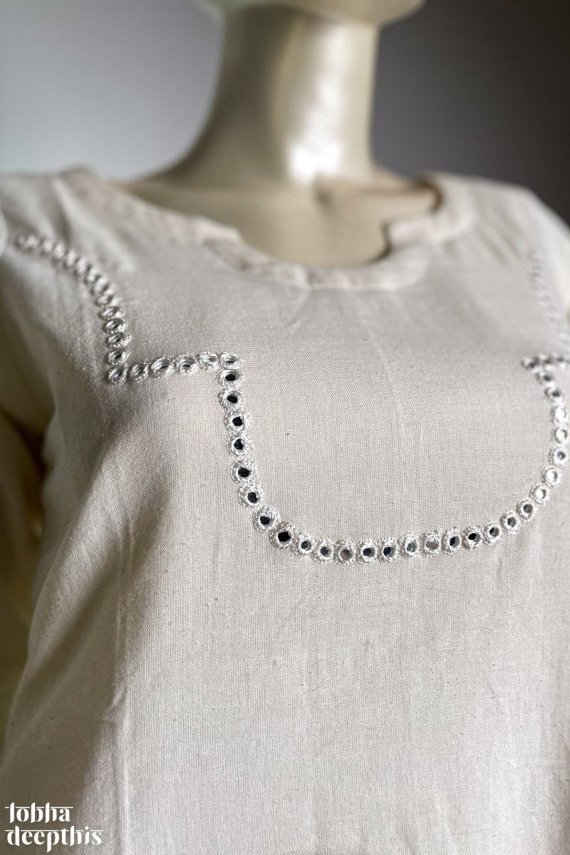 Yoke Mirrorwork Off White Cotton Kurta - Lobha Deepthis
