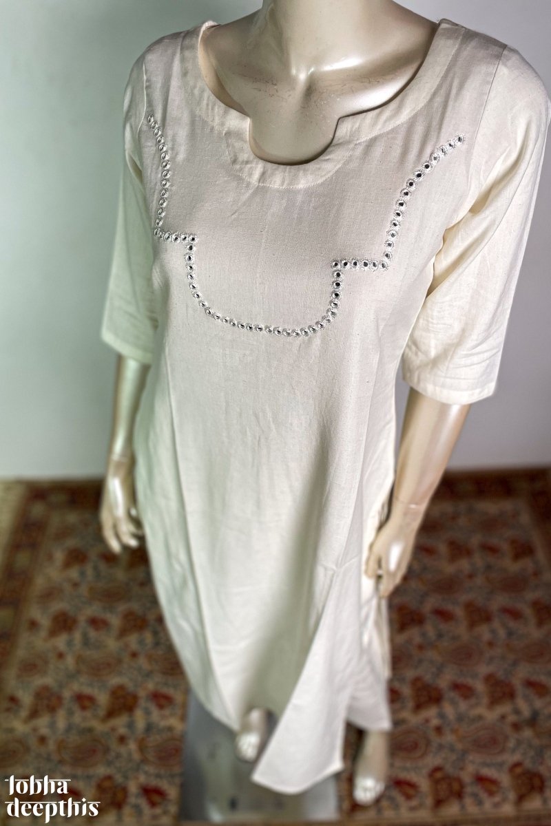 Yoke Mirrorwork Off White Cotton Kurta - Lobha Deepthis