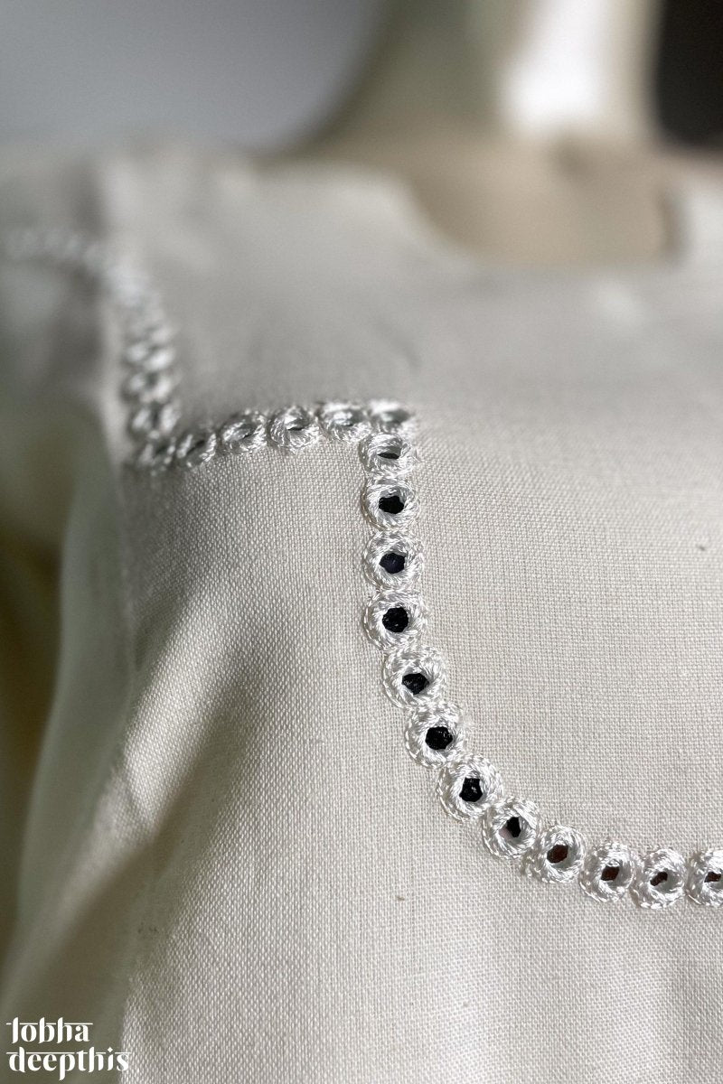 Yoke Mirrorwork Off White Cotton Kurta - Lobha Deepthis