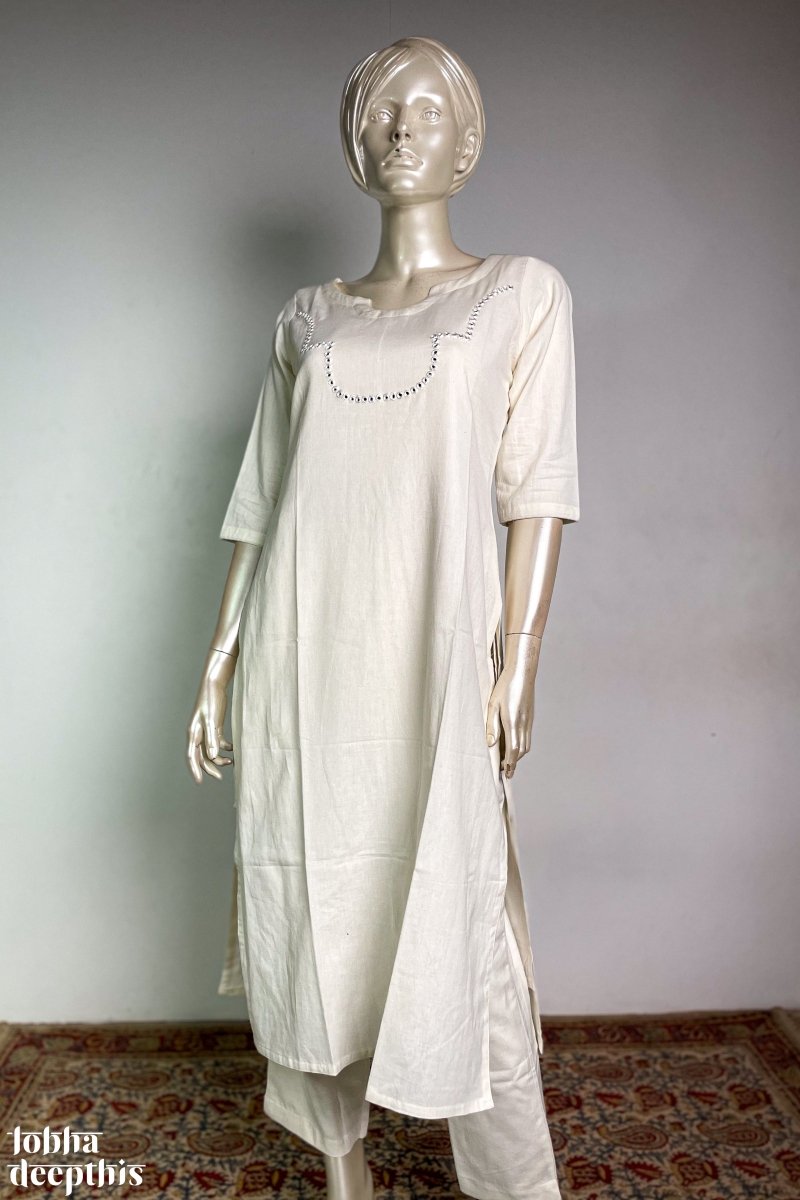 Yoke Mirrorwork Off White Cotton Kurta - Lobha Deepthis