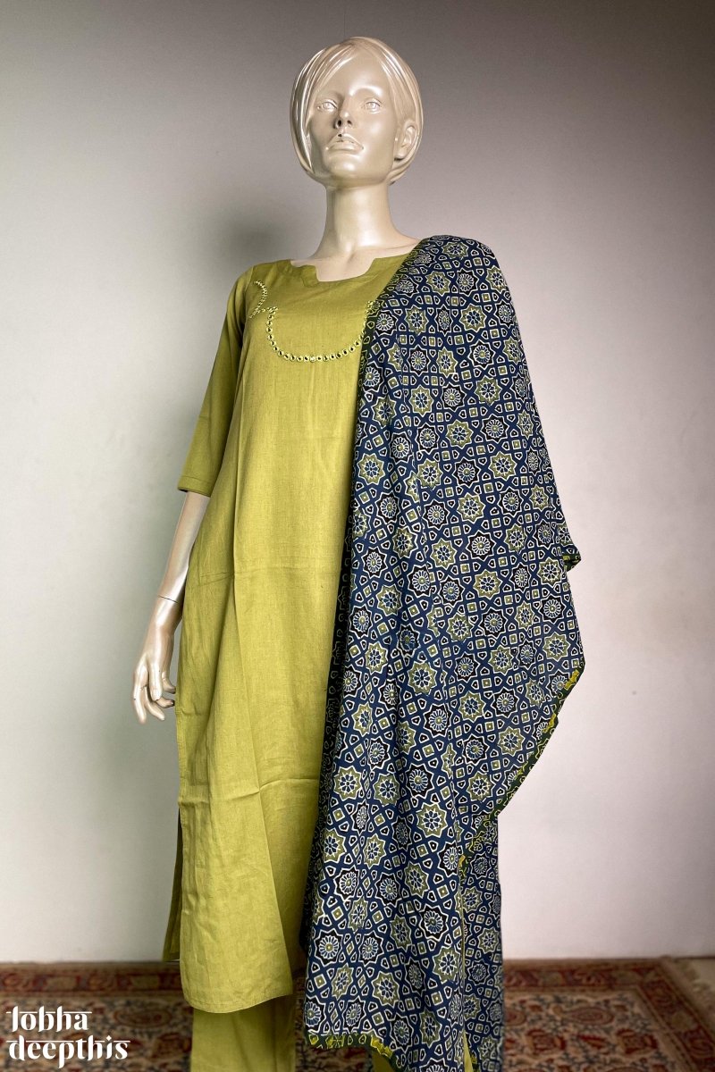 Yoke Mirrorwork Pista Green Cotton Kurta - Lobha Deepthis